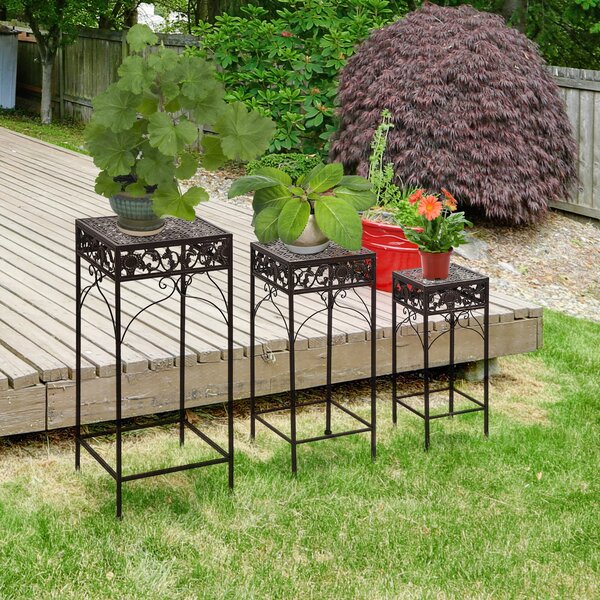 Outsunny Set di 3 Sgabelli Supporto Piante in Ferro Marrone, Classico, per Interno e Esterno, Versatile e Decorativo|Aosom