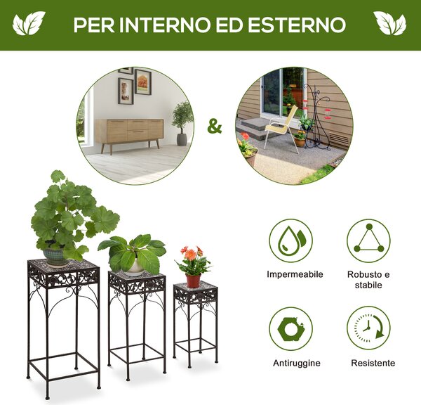 Outsunny Set di 3 Sgabelli Supporto Piante in Ferro Marrone, Classico, per Interno e Esterno, Versatile e Decorativo|Aosom
