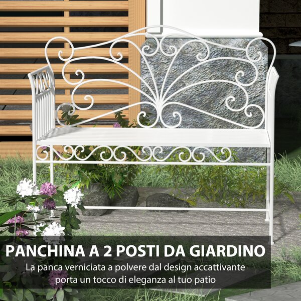 Outsunny Panchina Biposto da Giardino Stile Romantico Ferro 113.5 x 50 x 93.5cm Bianco|Aosom