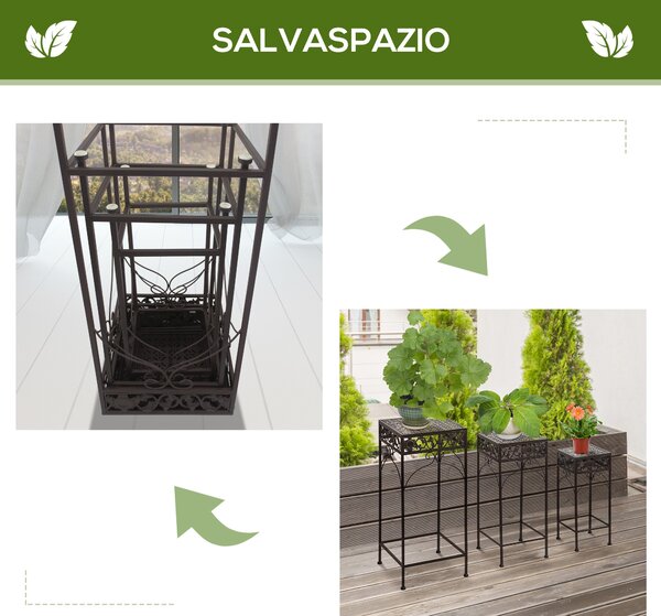 Outsunny Set di 3 Sgabelli Supporto Piante in Ferro Marrone, Classico, per Interno e Esterno, Versatile e Decorativo|Aosom
