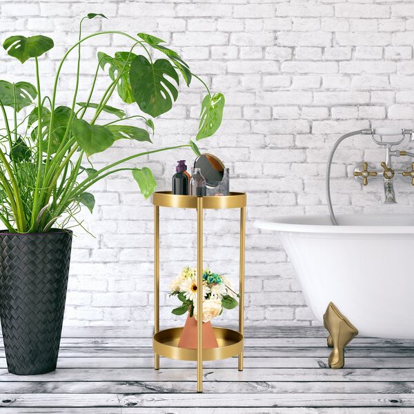 Costway Porta piante pieghevole di metallo con 2 vassoi da interno ed esterno, Base per piante con 2 livelli 30x60cm Oro