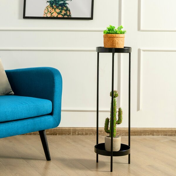 Costway Porta piante pieghevole di metallo con 2 vassoi da interno ed esterno, Base per piante con 2 livelli 25x80cm Nero