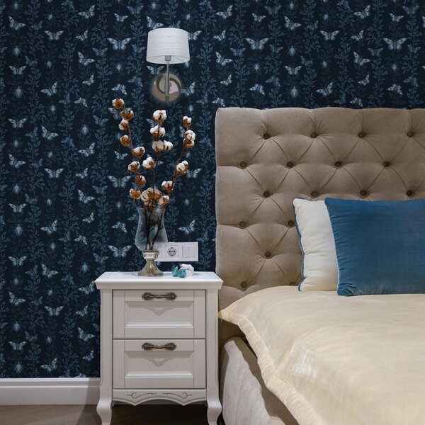 Carta da parati Composizione con farfalle, foglie e insetti su sfondo blu, Parati fiori e piante classici, a00073 : Uwalls.it