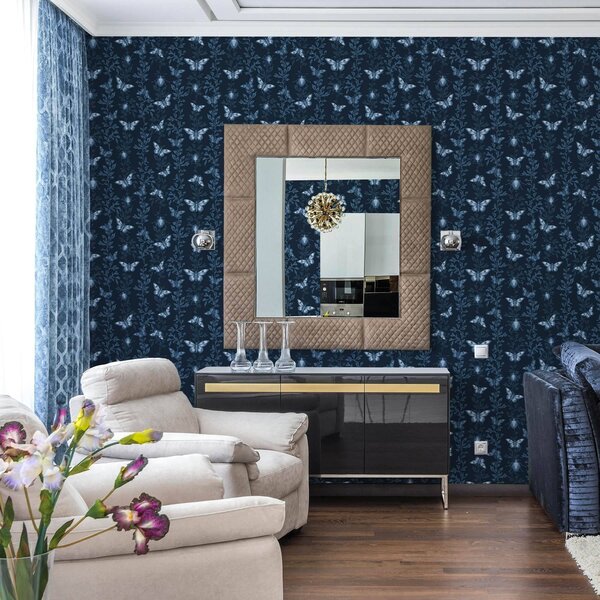 Carta da parati Composizione con farfalle, foglie e insetti su sfondo blu, Parati fiori e piante classici, a00073 : Uwalls.it
