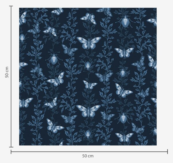 Carta da parati Composizione con farfalle, foglie e insetti su sfondo blu, Parati fiori e piante classici, a00073 : Uwalls.it