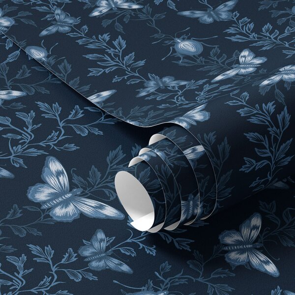 Carta da parati Composizione con farfalle, foglie e insetti su sfondo blu, Parati fiori e piante classici, a00073 : Uwalls.it