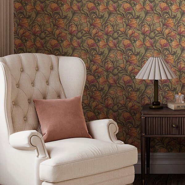 Carta da parati Steli contorti e luminosi con foglie e fiori, Parati fiori e piante classici, a00074 : Uwalls.it