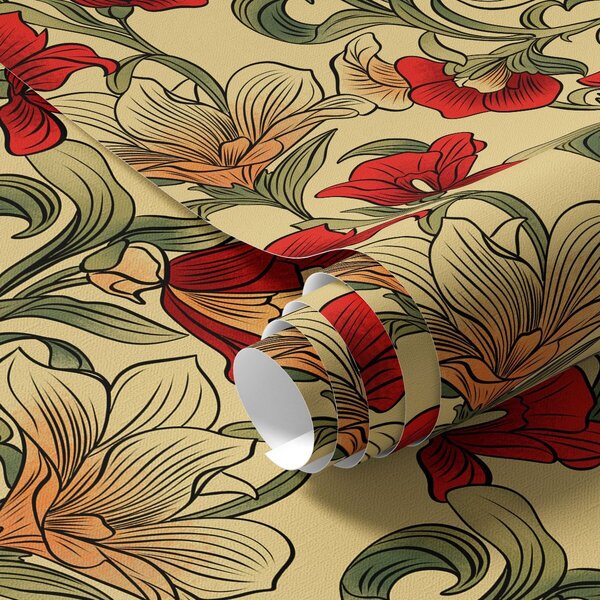 Carta da parati Steli contorti e luminosi con foglie e fiori rossi, Parati classici in stile shabby chic, a00075 : Uwalls.it