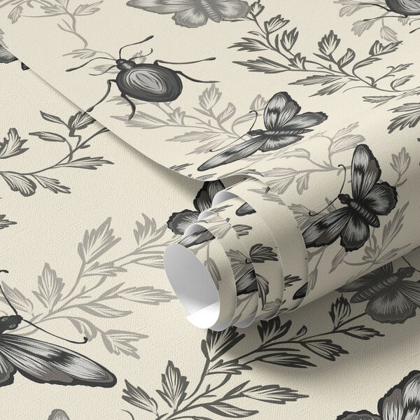 Carta da parati Composizione con farfalle, foglie e insetti su sfondo chiaro, Parati fiori e piante classici, a00073v2 : Uwalls.it