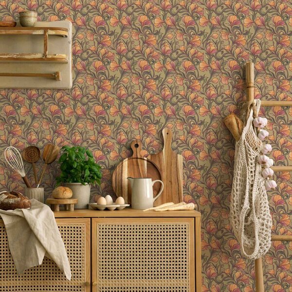 Carta da parati Steli contorti e luminosi con foglie e fiori, Parati fiori e piante classici, a00074 : Uwalls.it