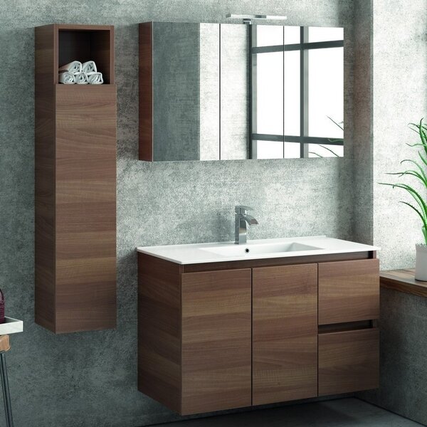 Kamalu composizione mobili bagno 100cm installazione sospesa mobile, specchio e colonna tod-100a