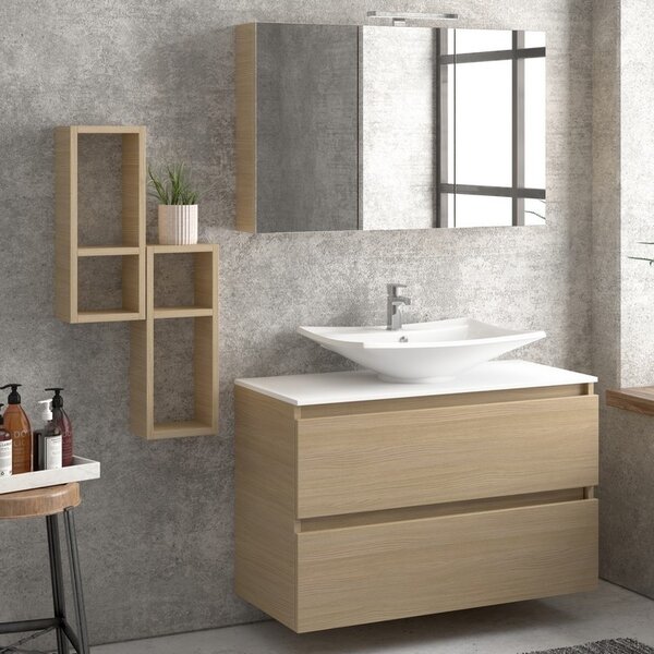 Kamalu composizione bagno sospesa 100cm: mobile, specchio contenitore e due pensili tod-100e