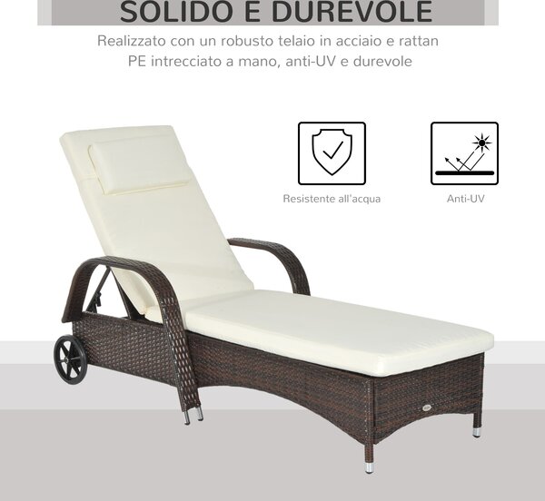Outsunny Lettino Sedia a Sdraio Prendisole da Giardino in Rattan Altezza Regolabile con Ruote|Aosom