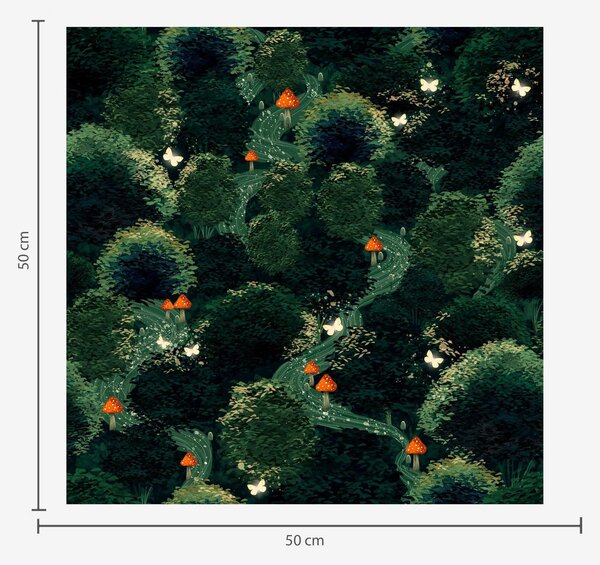 Carta da parati Corone di alberi rigogliosi e funghi colorati, Parati foresta classici, Parati classici Bosco Alberi, a00087 : Uwalls.it