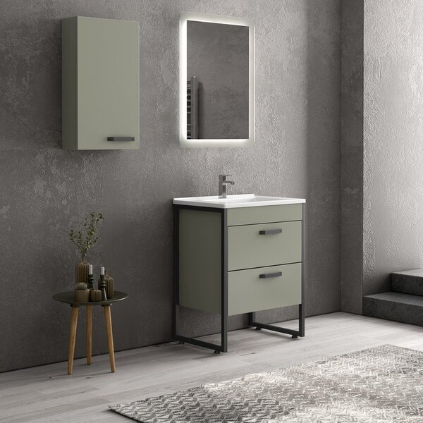 Kamalu composizione bagno a terra 65cm: mobile con lavabo, specchio led e pensile ikos-65