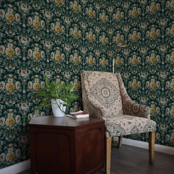 Carta da parati Fiori gialli e bianchi su sfondo scuro, Parati classici in stile shabby chic, a00089 : Uwalls.it