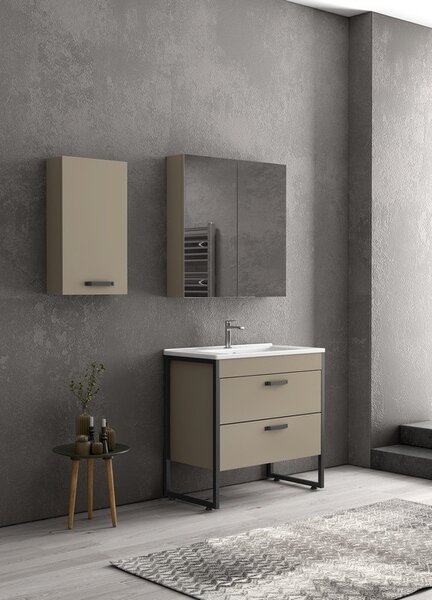 Kamalu composizione bagno a terra 85cm: mobile con lavabo, specchio contenitore e pensile ikos-85