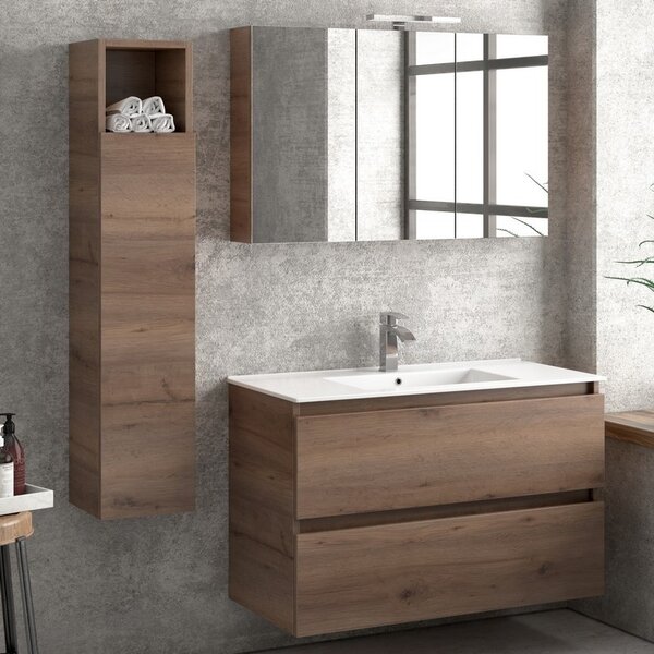 Kamalu composizione bagno sospesa 100cm: mobile con lavabo, specchio contenitore e colonna tod-100f