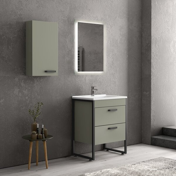 Kamalu composizione bagno a terra 65cm: mobile con lavabo, specchio led e pensile ikos-65