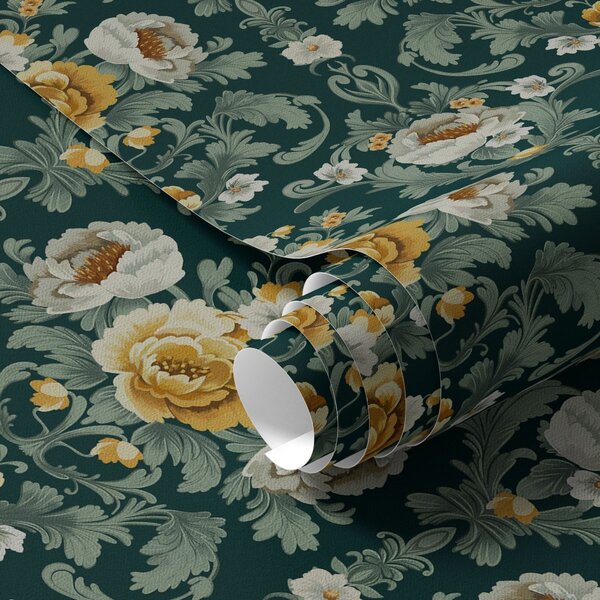 Carta da parati Fiori gialli e bianchi su sfondo scuro, Parati classici in stile shabby chic, a00089 : Uwalls.it