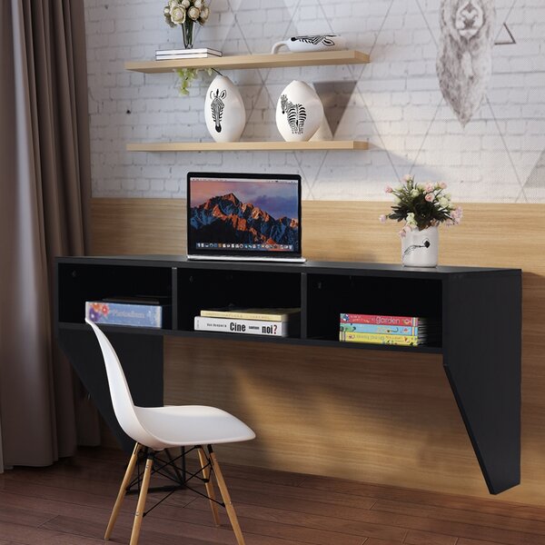 Costway Scrivania fluttuante per computer montata al muro con 3 cassetti, Tavolo di legno per PC per lavoro Nero