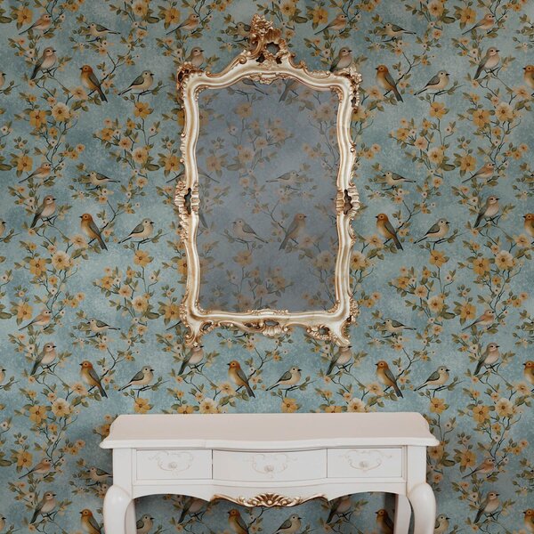 Carta da parati Piccoli uccelli su rami su sfondo blu, Parati classici in stile shabby chic, a00092 : Uwalls.it