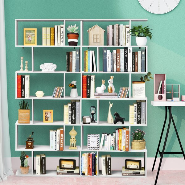 Costway Libreria a 6 livelli a forma di S con dispositivo antiribaltamento, Scaffale di legno per casa e ufficio Bianco