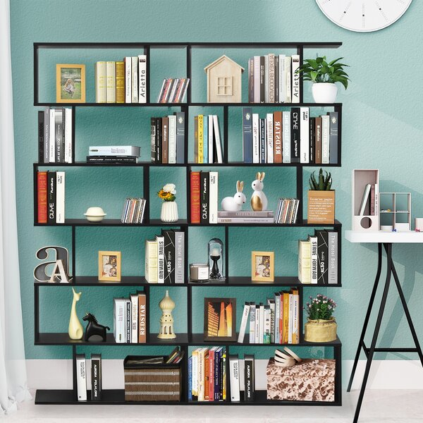 Costway Libreria a 6 livelli a forma di S con dispositivo antiribaltamento, Scaffale di legno per casa e ufficio Nero