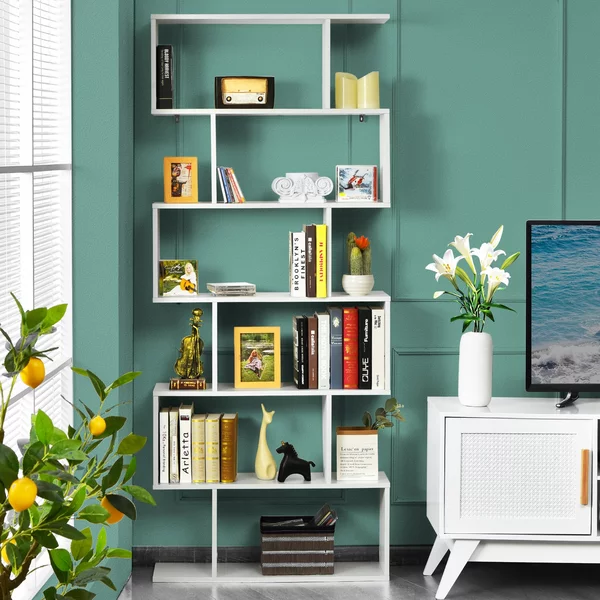 Costway Libreria a 6 livelli a forma di S con dispositivo antiribaltamento, Scaffale di legno per casa e ufficio Bianco