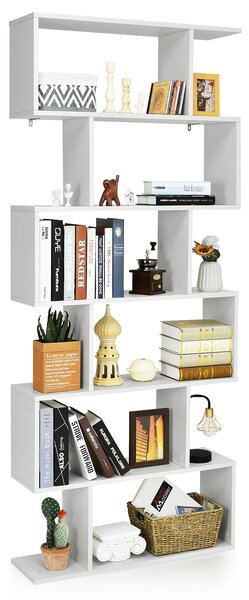 Costway Libreria a 6 livelli a forma di S con dispositivo antiribaltamento, Scaffale di legno per casa e ufficio Bianco