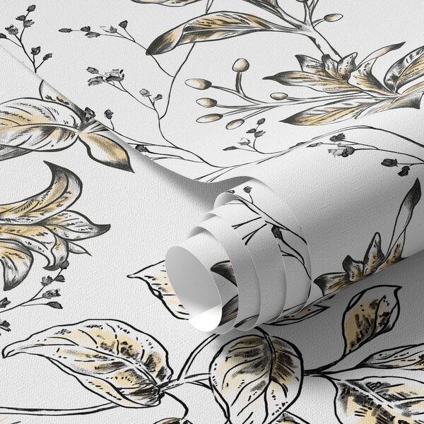 Carta da parati Rami con foglie gialle su sfondo bianco, Parati fiori e piante classici, a00098 : Uwalls.it
