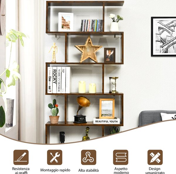 Costway Libreria a 6 livelli a forma di S con dispositivo antiribaltamento, Scaffale di legno per casa e ufficio Caffè