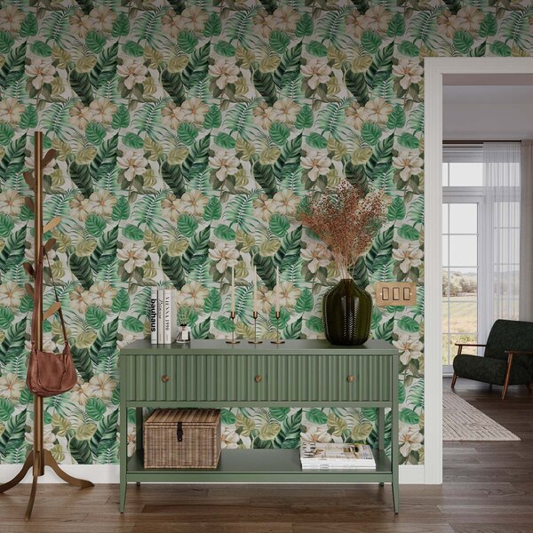 Carta da parati Composizione di fiori e foglie tropicali, Parati classici in stile shabby chic, a00099 : Uwalls.it