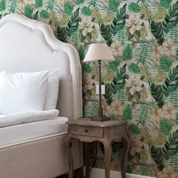 Carta da parati Composizione di fiori e foglie tropicali, Parati classici in stile shabby chic, a00099 : Uwalls.it