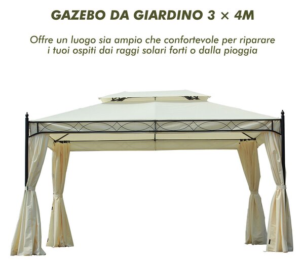 Outsunny Gazebo da Giardino in Metallo con Doppio Tetto e 4 Tende Laterali, 3x4m, Crema | Aosom Italy