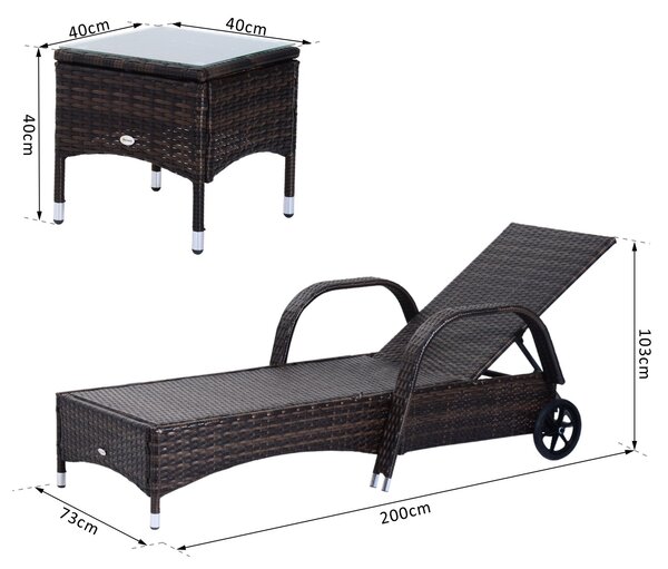 Outsunny Set Relax Sedie Tavolino in Rattan 3pz 2 Lettini a Sdraio Reclinabili Imbottiti con Rotelle e Tavolino, Marrone|Aosom