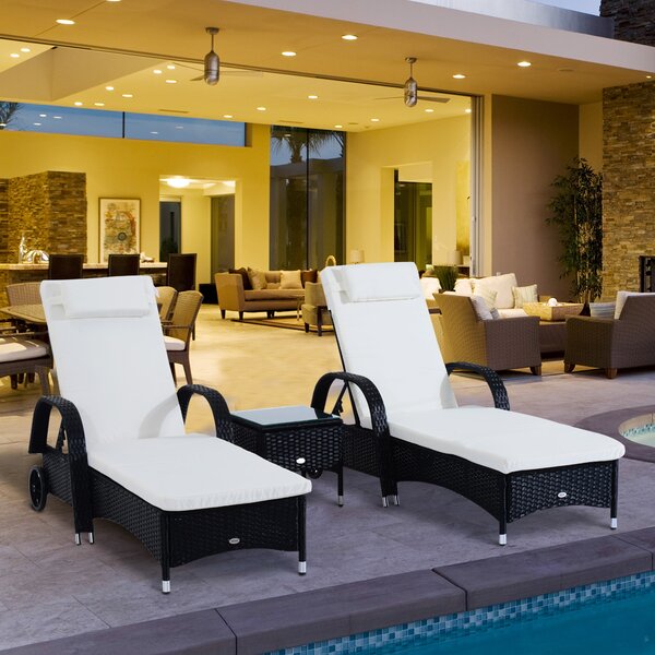 Outsunny Set 2 Lettino Sdraio da giardino Prendisole in Rattan con Materassino Imbottito e Tavolino, Nero|Aosom.it