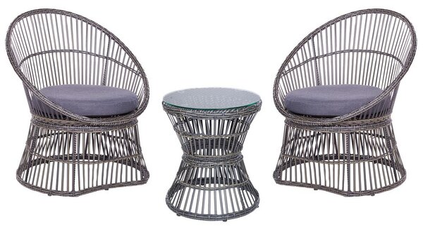 Set di bistrot tavolo e 2 sedie in rattan e vetro temperato tortora balcone terrazzo giardino esterno Beliani