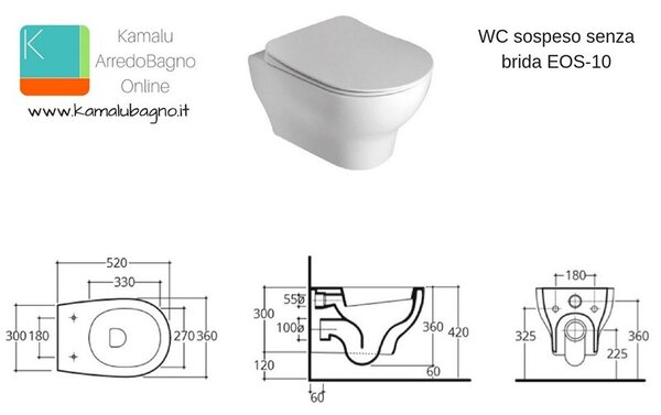 Kamalu sanitari sospesi senza brida sedile soft close eos-10