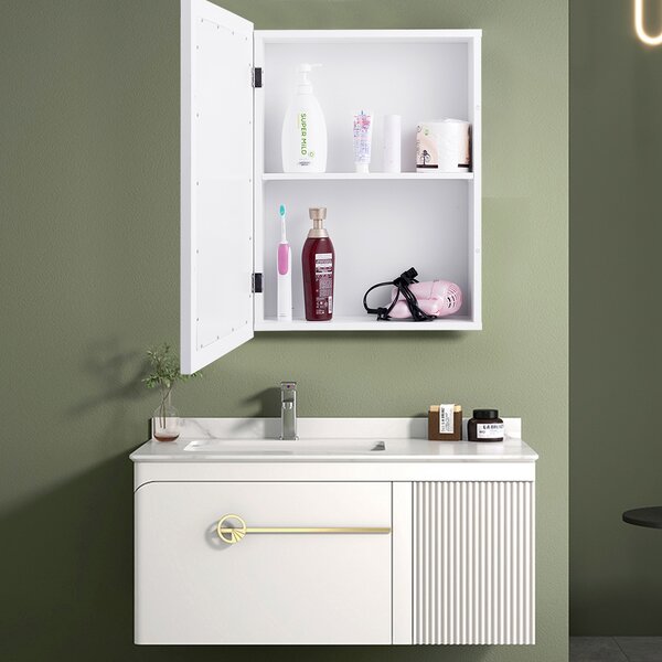 Costway Armadio del bagno montato al muro con specchio e mensola regolabile, Armadietto per bagno ingresso salone Bianco