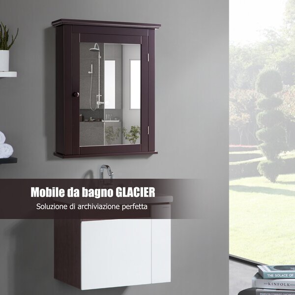 Costway Mobiletto per il bagno con anta singola e ripiano regolabile, Mobiletto per medicinali a parete con specchio Marrone