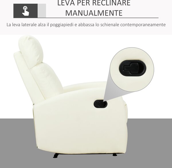HOMCOM Poltrona Reclinabile fino a 165° Imbottita con Poggiapiedi Regolabile Ergonomica in Similpelle, 65×92×100cm, Crema | Aosom Italy