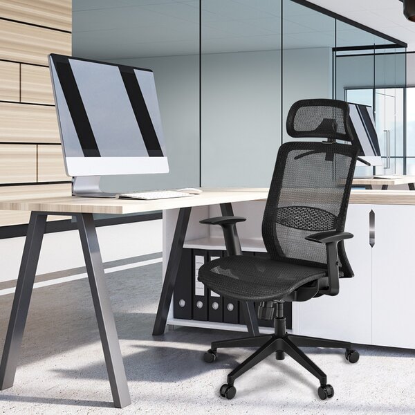 Costway Sedia ergonomica a rete da ufficio con schienale alto, Sedia girevole per computer con supporto lombare Nero