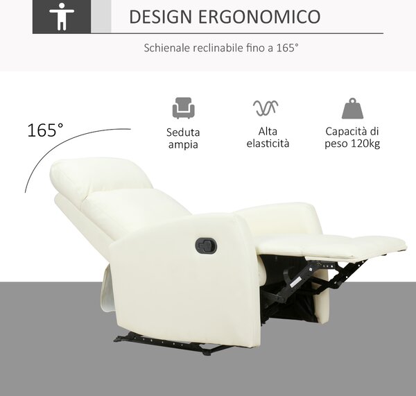 HOMCOM Poltrona Reclinabile fino a 165° Imbottita con Poggiapiedi Regolabile Ergonomica in Similpelle, 65×92×100cm, Crema | Aosom Italy