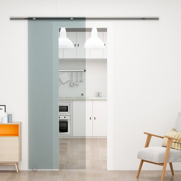 HOMCOM Porta Scorrevole in Vetro con Binario Silenzioso in Alluminio per Interni, 77.5×205×0.8 cm, Smerigliato | Aosom Italy