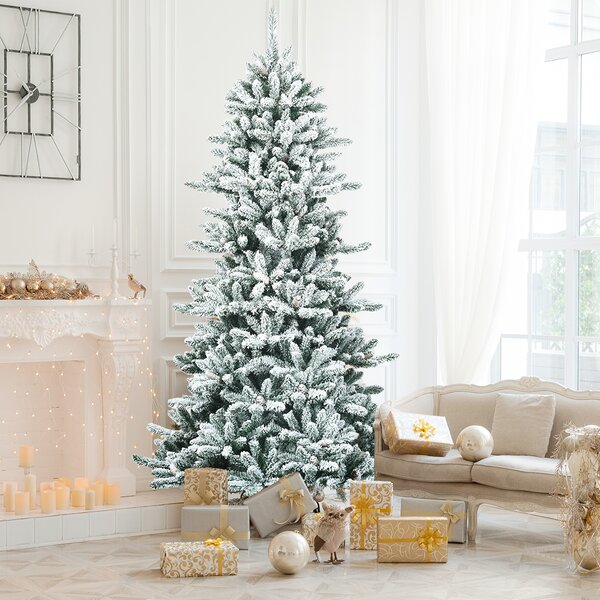 Costway Albero di Natale artificiale innevato 210cm con pigne bianche, Albero di Natale con base in ferro resistente