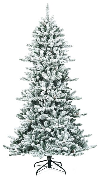 Costway Albero di Natale artificiale innevato 210cm con pigne bianche, Albero di Natale con base in ferro resistente