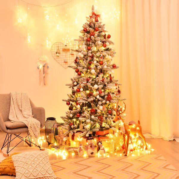 Costway Albero di Natale artificiale innevato 210cm con pigne bianche, Albero di Natale con base in ferro resistente