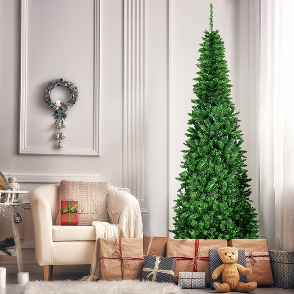 Costway Albero di Natale 225cm con 1085 rami, Abete artificiale illuminato con base solida di metallo e 150 luci LED
