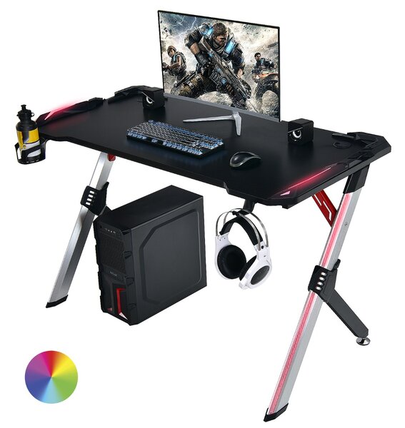 Costway Scrivania ergonomica da gaming a forma di Y con luci RGB LED, Scrivania per PC per casa e ufficio 120x60x74cm